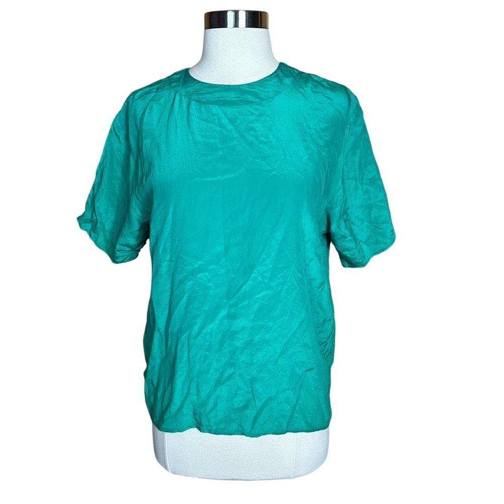 Vintage 60s Silk Empire Kelly Green Scoop Neck Short Sleeve Lightweight Blouse S